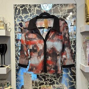 Abstract Sheer Button-Up Blouse